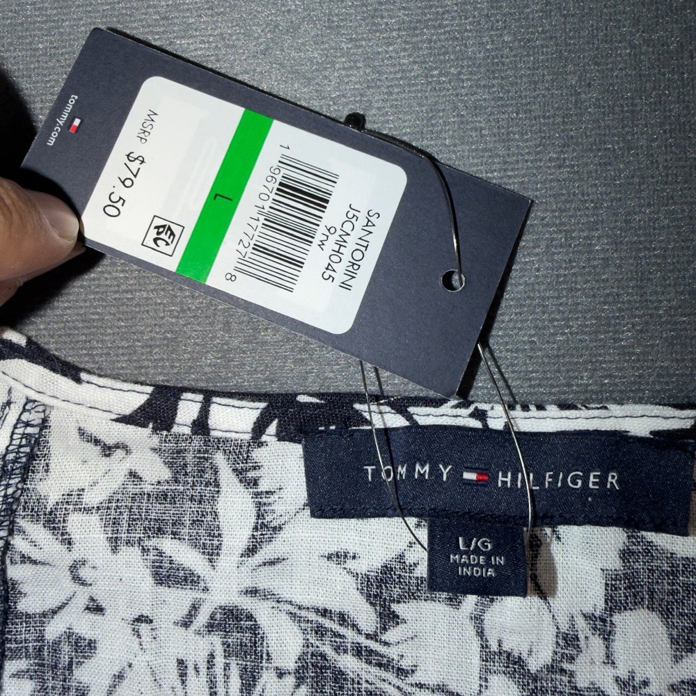 Tommy Hilfiger Santorini Navy White Floral Linen Blend Pintuck Blouse J5CMH045 L - Picture 2 of 8